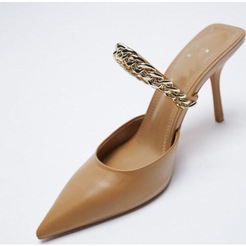 Womens pointed toe thin high heel slippers Chain Belt Mules Shoes Mary Jane Shoes For Female Plus size