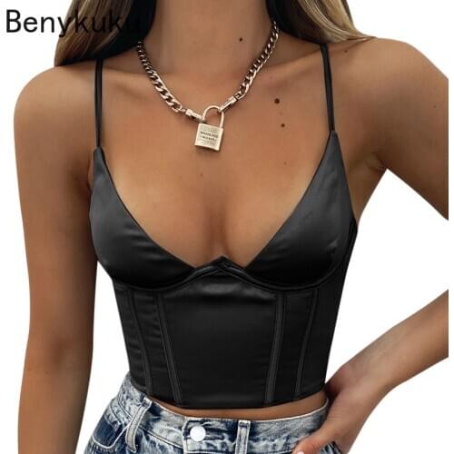 Sexy Black Corset Tops Streetwear Spaghetti Straps Bodycon V Neck Camis Women Punk Casual Summer Basic Cropped Camisoles