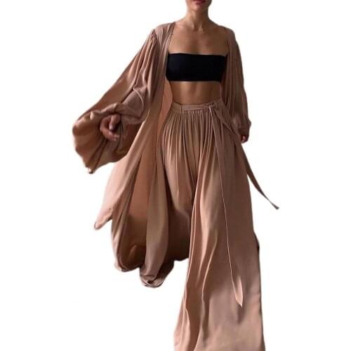 Women Ladies Spring/Summer Outfit Solid Color Long Sleeve Cardigan Tube Top Wide Leg Pants Three Pieces Set Tracksuit for Party