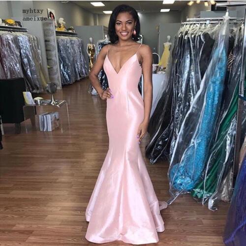 Simple Pink Long Vestido De Noite Spaghetti Straps Full Length Mermaid Style Cheap Evening Dresses For Women Formal Party Cheap