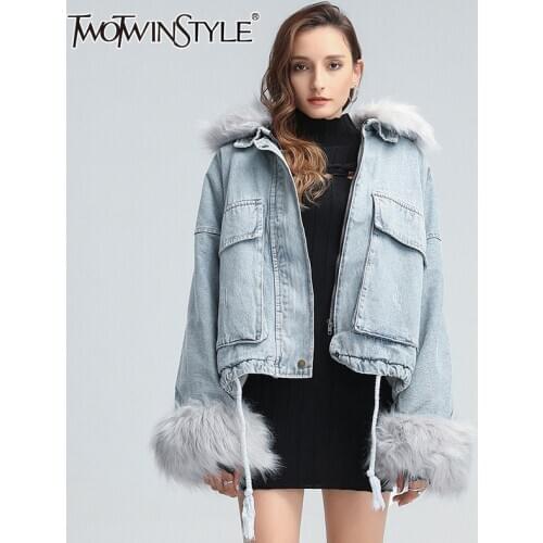 TWOTWINSTYLE Patchwork Fur Collar Cotton Coat For Women Lapel Long Sleeve Loose Thick Denim Coats Female 2020 Winter New Clothes