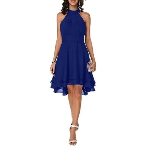 Summer Women Dress Elegant Layered High Waist Halter Sleeveless Midi Dress 2021 Solid Chiffon Fashion New Party Slim Midi Dress