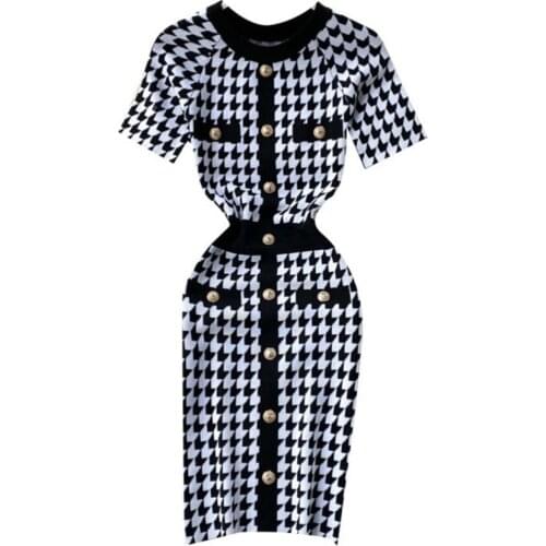 2021 summer vintage Houndstooth knitted dress women single breasted slim package hip dress