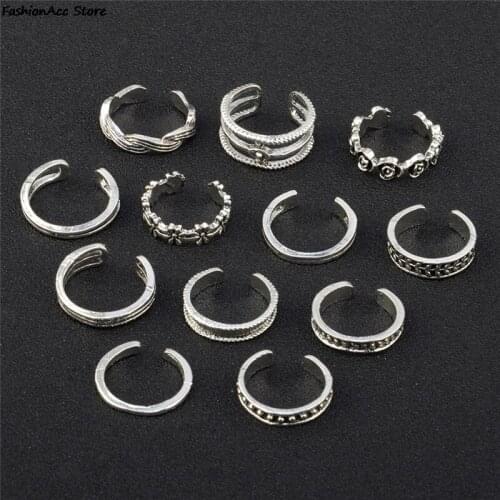 12Pcs New Rings Lady Unique Adjustable Opening Finger Ring Retro Carved Toe Ring Foot Beach Foot Ring Jewelry