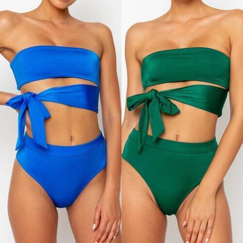 2020 new solid color bikini irregular ladies split swimsuit European and American sexy knotted swimsuit bandage tube top woman b