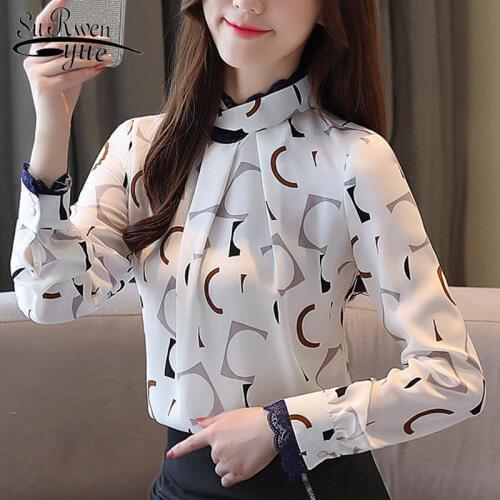 2021 New Fashion Women Shirts Printing Lace Sleeve Pullovers Long Sleeve Lace Shirt Women Tops White Chiffon Blouses 6451 50