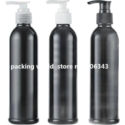 250ML BLACK ROUND SHOULDER PET BOTTLE WITH BLACK/WHITE/TRANSPARENT PUMP FOR LOTION/SHAMPOO/EMULSION COSMETIC PACKING