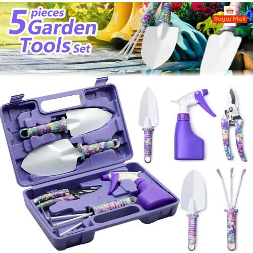 5PCS Non-Slip Garden Tool Set Lightweight Handle Garden Weeding Kit Pruner Trowel Transplanting Spade Rake Spray Bottle With Box