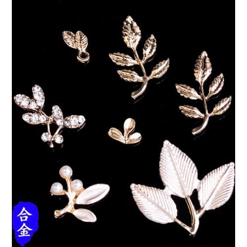 50pcs Gold Color Zinc Alloy Material Crystal Pearl Leaf Charm Enamel Branch for Hair DIY Handmade Jewelry Making Wholesale