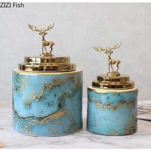 Gilded Marble Texture Storage Jars Decorative Deer Candy Jars and Lids Ceramic Painted Jewelry Cosmetic Containers Home Decor
