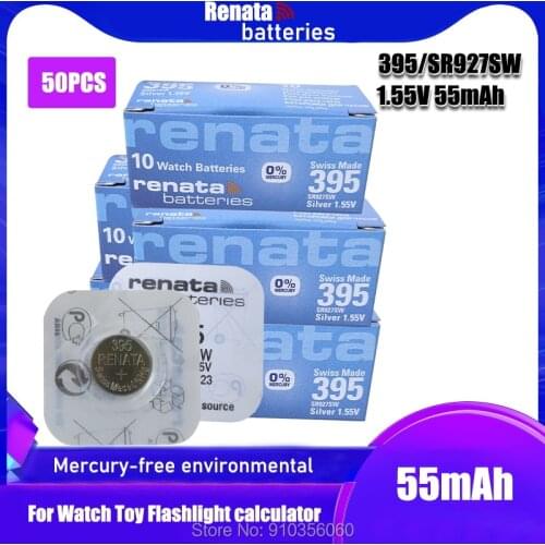 50PCS Renata Watch Battery 1.55V 395 SR927SW LR57 LR927 AG7 Silver oxide Button Coin Cell Batteries MADE IN Swiss