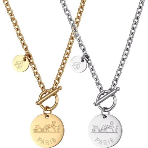 316L Stainless Steel Wild OT Buckle Titanium Steel Necklace Pendant Gage Sense Round Card Pattern Letter Clavicle Chain No Fade