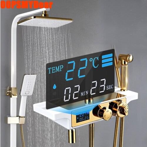 Digital Shower System Bathroom Smart Thermostatic Shower Set Wall Mount SPA Rainfall Bath Faucet LED Light Square Ducha Chuveiro
