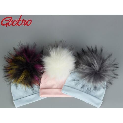 Geebro Newborn Baby Faux Raccoon Fur Pompom Beanie Hats Cotton Solid Hat For Baby Girls Boys Toddler Winter Children Hats Caps