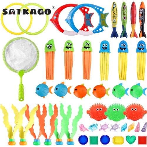 45PCS Swimming Pool Toys Underwater Diving Toys Fish Seaweeds Diving Rings Torpedos Sea Urchin Net Toys for Children Kids Gift