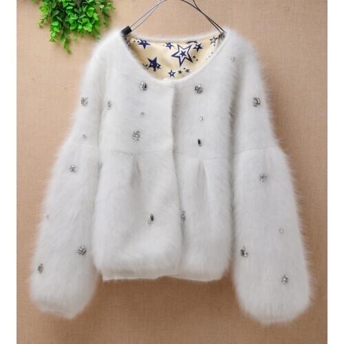 Super sale women korean fashion short mink cashmere beading cardigan long puff sleeve angora fur knitted sweater coat jacket top