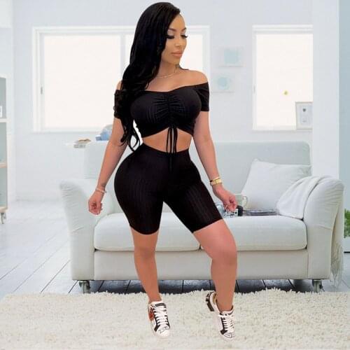 TNNAOFF Knit Striped 2 Piece Tracksuits Women Set Strapless Short Sleeve Drawstring Tank+Biker Shorts Lounge Wear Matching Sets