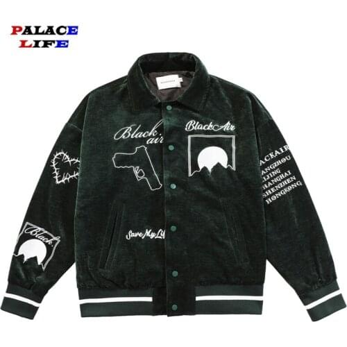 Velvet Men Bomber Jacket Loose Hip Hop Streetwear Harajuku Graffiti Eye Gun Embroidery Jacket 2021 Fleece Jacket Coat Outwear