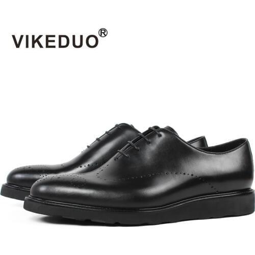 VIKEDUO Black Mens Formal Dress Shoes Brogue Wedding Office Business Shoe Male Genuine Cow Leather Sneakers Footwear Zapatos