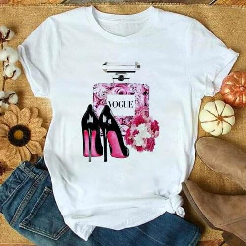 New Beauty Flower High heels Graphic Print T Shirt Womens Short Sleeve Lady Tops Fashion Tshirt Harajuku Female T-shirt Clothes