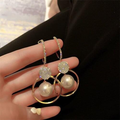 New Fashion High Quality Super Large White Pearl Pendant Womens Earrings Luxury Gold Round Crystal Wedding Earrings Jewelry