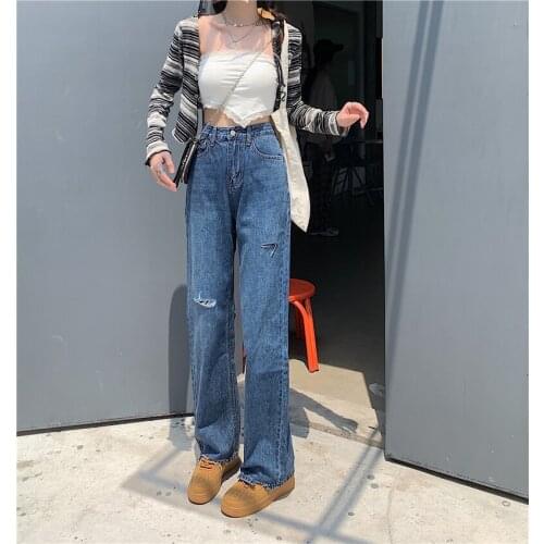 Chinese new womens pants personality fashionable high waist loose hole wide leg jeans spot