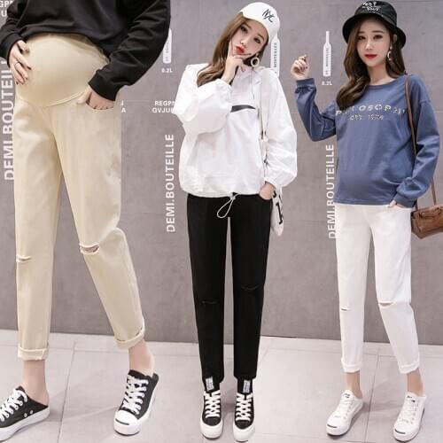Clothes Causal Trousers For Pregnant Women Pants Long Trousers Pregnancy WearClothing Spring summer Hole Cotton Maternity Pants