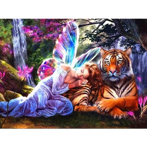 PDMDOG 5D Diamond Painting Girl Tiger Full Square Cross Stitch Kit Handcraft Animal Crystal Icon Rhinestones Beaded Picture