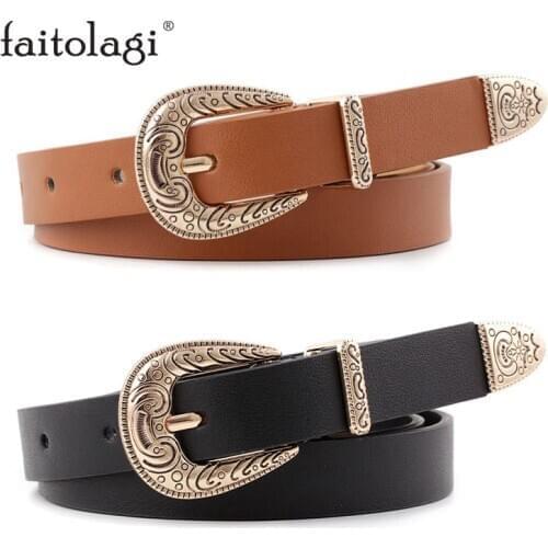 Luxury Western Cowgirl Women Belt Metal Buckle Black Leather Waist Belts Vintage High Quality Female Jeans Pants Belts Strap