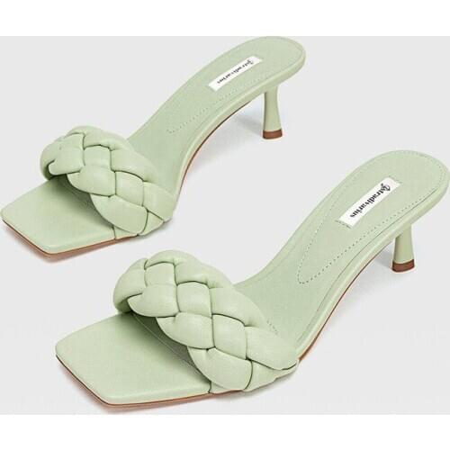 2020 New Summer Womens Slippers and Sandals High heel Female Square toe Woven Slide Sandals Ladys Fashion shoes