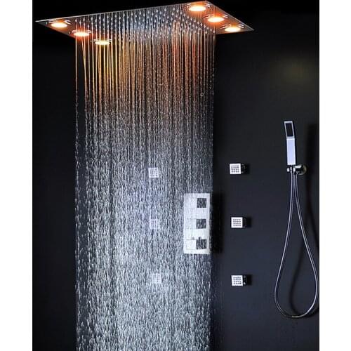 LED Shower Faucet Thermostatic Concealed Ceiling Bathroom Shower Set Remote Controller Large Rainfall Panel Shower Kit