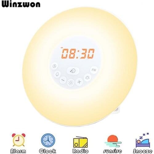 LED Wake Up Light Touch Sensing Digital Alarm Clock Snooze Sunrise Sunset Table Clock With FM Radio Color Changing Nightlight