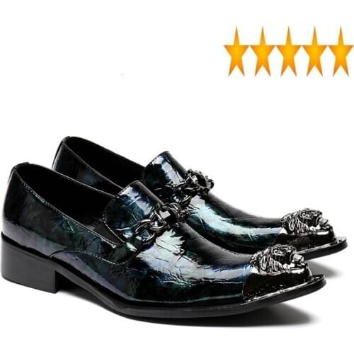 Banquet Formal Brand Business Men Genuine Leather Metal Toes Block Heels Wedding Party Dress Shoes Luxury Loafers Footwear