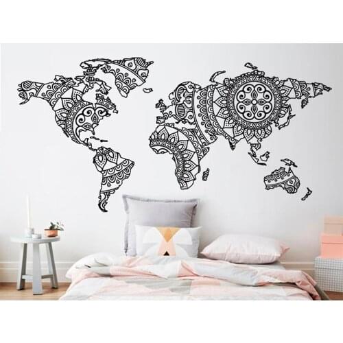 Mandala Pattern World Map Wall Stickers Home Interior Decoration Mandala Flower Design Vinyl Decals World Map Murals AJ876