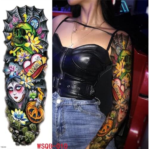 Temporary Tattoo Sticker Halloween Heart Pumpkin Girl Lotus Skull Full Arm Art Flash Tatoo Sleeve FakeTatto for Men Women