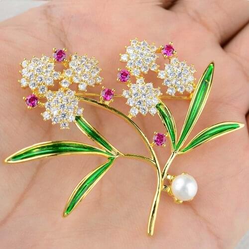 58X51mm High Quality womens White Pearl Golden plated Mixed Color Cz micro Flower Brooch