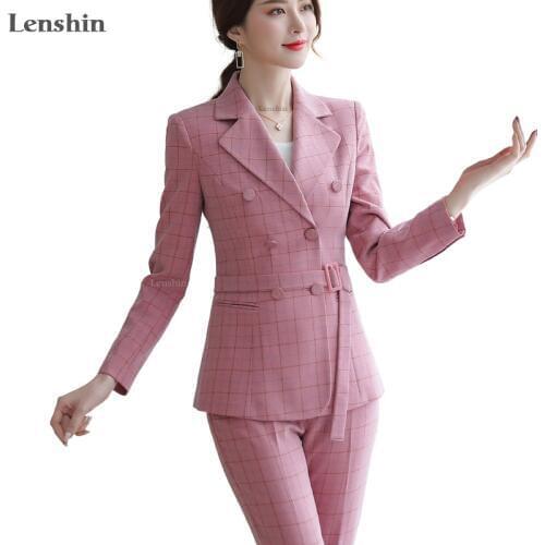 Lenshin Soft and Comfortable Plaid Pants Sutis with Belt Women Keep Slim Fashion Style Office Lady Long Sleeve Blazer and Pant