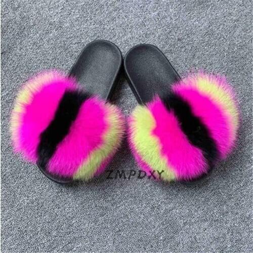 Ladies Real Fox Fur Slippers Kids/Childrens Fluffy Slides Womens Beach Furry Flip Flops Cute home plush Shoes Female Sandals