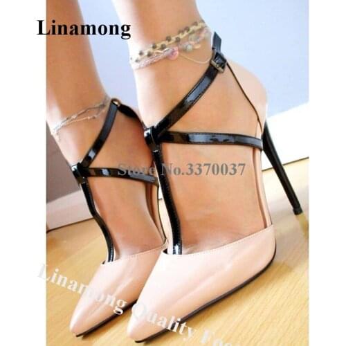 Linamong Elegant Women Pointed Toe Stiletto Heel Straps Cross Pumps Nude Patent Leather Patchwork High Heels Dress Heels
