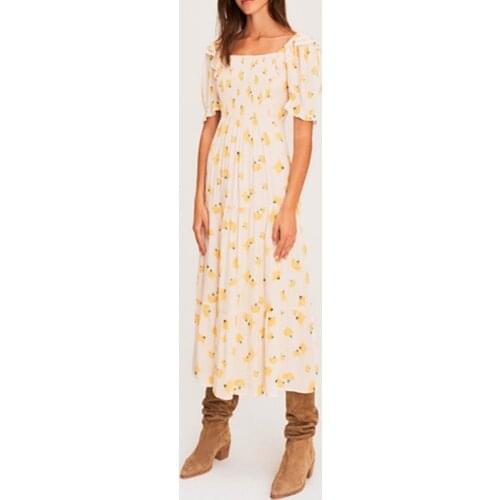 Women Yellow Summer Long Dress 2021 New Floral Print Ruffled Pleated Puff Sleeve Backless High Waist Square Collar Ladies Robe
