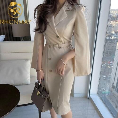 Women Dress 2021 Summer Korean Chic Elegant Temperament Lapel Double-Breasted Suit-Style Slit Clock Sleeves Vestidos With Belt