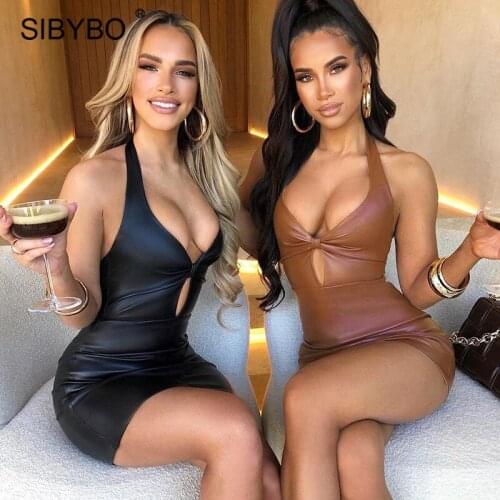 Sibybo Black PU Leather Bodycon Dress Women Backless Halter Skinny Mini Dresses Party Clubwear Sexy Sleeveless Cut-Out Vestidos