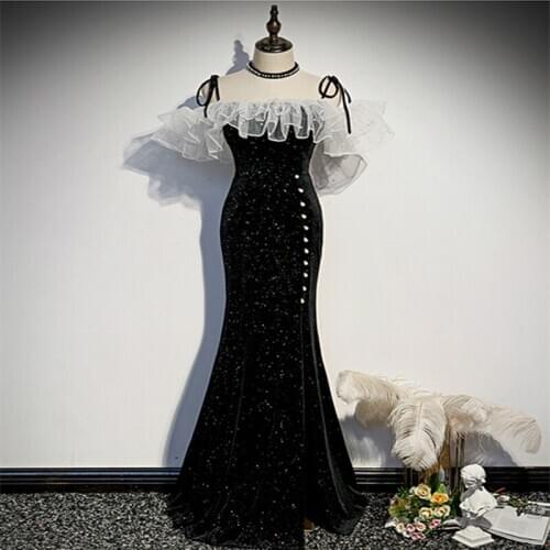 Vestido De Festa Boat Neck Mermaid Evening Dress Robe De Soiree 2021Fashion Black Velvet Beads Long Evening Dresses Formal Dress