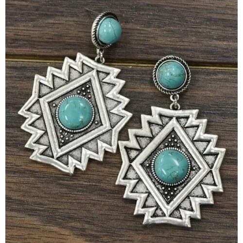 2021 Wholesale New Retro Ethnic Earrings Geometric Rhombus Diamond-shaped Turquoise Earrings for Women Girl Gift