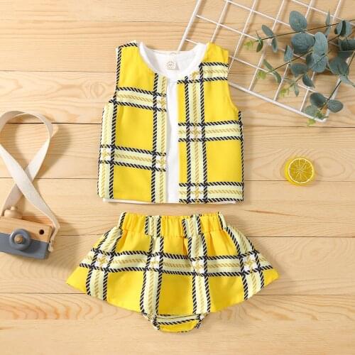 3Pcs Baby Girls Clothes Sets Toddler Plaid Vest Coat + Solid Tank Tops + A-line Skirt Shorts Princess Infant Outfits 0-24M