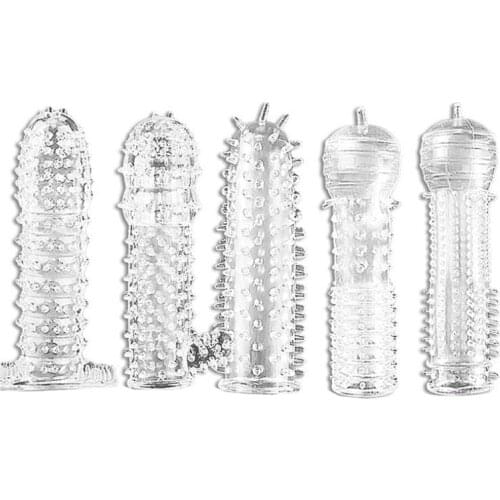 5pcs/Set Reusable TPE Crystal Penis Sleeve Condom Extendtion Time Delay Soft G Point Kondom Safer Sex Toy for Men Couples