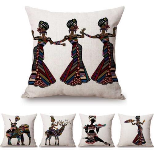 Abstract Africa Art Dancing African Women Painting Exotic Decoration Style Cushion Cover Elephant Cotton Linen Sofa Throw Pillow