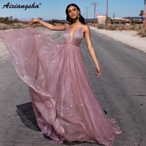 Shining Blush Pink Prom Dresses A-Line Sequin Party Maxys Long Prom Gowns Backless Sexy Evening Dresses vestidos de fiesta