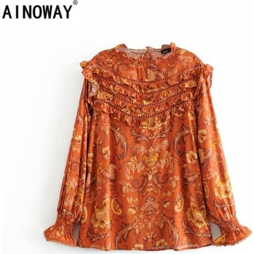Boho womenTops Vintage Floral Print ruffles Loose Blouses ladies O Neck Long Sleeve Beach Shirts Blusas Mujer