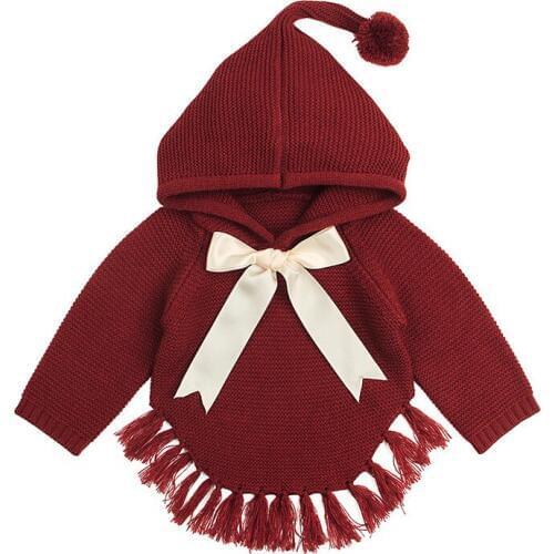 Baby Knitted Girl Sweaters Cape Hooded Children Bow Knit Cardigans Fringe Toddler Kids Coats Winter Warm Infant Clothes New